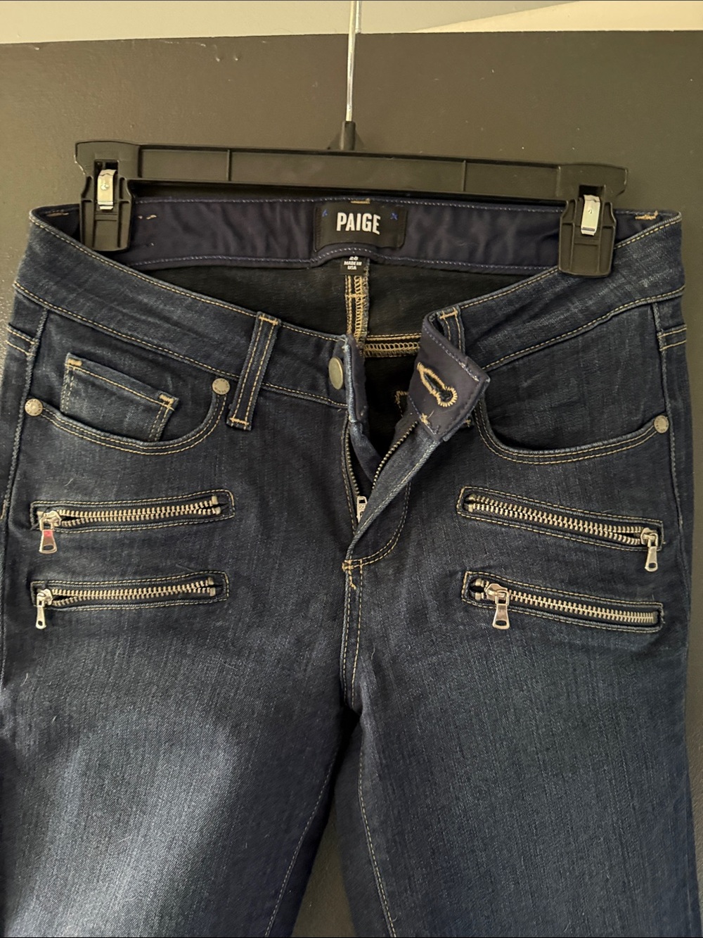 PAIGE Navy Dark Wash Jeans with Silver Zipper Accents